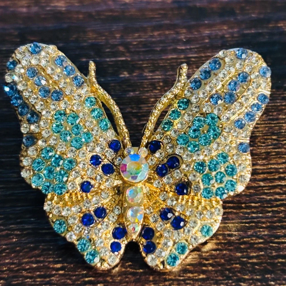 Gold Tone Blue Teal Rhinestone Butterfly Brooch Pin Statement Jewelry